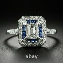 Emerald-Cut Art Deco Style Diamond Sapphire Engagement Wedding 925 Silver Ring