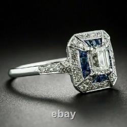 Emerald-Cut Art Deco Style Diamond Sapphire Engagement Wedding 925 Silver Ring