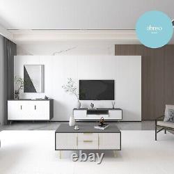 Engraved Geometric Wooden Sideboard Storage Grey White Gold Handles Living Room