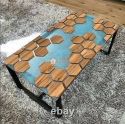 Epoxy Resin Blue Acacia Wooden Modern Hexagonal Honey Cube Rasturent Table Deco