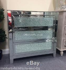 Ex Display Mirrored Chest Of 3 Drawers With Mosaic Crackle Glass Doors