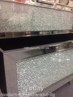 Ex Display Mirrored Chest Of 3 Drawers With Mosaic Crackle Glass Doors