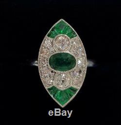 Fine Emerald and Diamond Cluster Ring Platinum Art Deco Style Size N 1/2