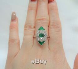Fine Emerald and Diamond Cluster Ring Platinum Art Deco Style Size N 1/2