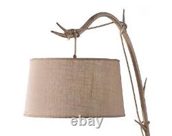 Floor Lamp Cast Iron Rope Wood Effect Art Deco Rustic Brown Linen Fabric Shade