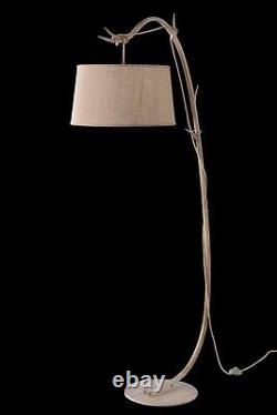 Floor Lamp Cast Iron Rope Wood Effect Art Deco Rustic Brown Linen Fabric Shade