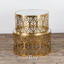 Gin Shu Gold Gilt Leaf Parisienne Set of 2 Metal Round Nesting Coffee Tables