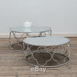Gin Shu Silver Gilt Leaf Parisienne Metal Set of 2 Round Nesting Coffee Tables