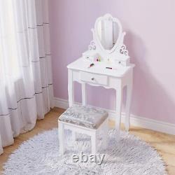 Girls Makeup Table Dressing Table Stool Set With 3 Drawers/Mirror Kids Toy Vanity
