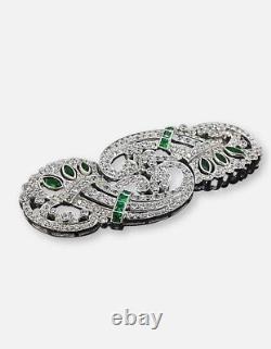 Green Art Deco Style Brooch Pin 925 Sterling Silver For Party Wear CZ Jewelry