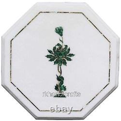 Green Stone Inlay Work Coffee Table Top White Marble Sofa Side Table 13 Inches