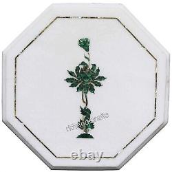 Green Stone Inlay Work Coffee Table Top White Marble Sofa Side Table 13 Inches