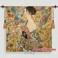 Gustav Klimt Lady with Fan Fine Art Tapestry Wall Hanging, 54x54, UK