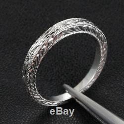 Hand Engraved Art Deco Antique Style 14K White gold Engagement Wedding Ring