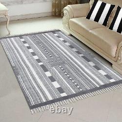 Hand Woven Cotton Dhurries Kitchen Gray Kilim Living Room Area Rugs Outdoor Mats