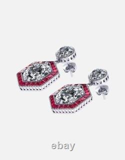 Hexagon Art Deco Style Red Halo Dangle Earrings Sterling Silver 925 CZ Jewelry
