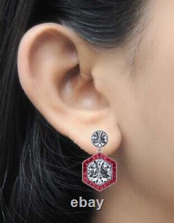 Hexagon Art Deco Style Red Halo Dangle Earrings Sterling Silver 925 CZ Jewelry