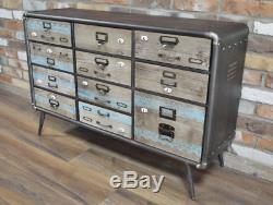 Industrial Style Wood & Metal Sideboard, 11 drawer storage unit grey with wood