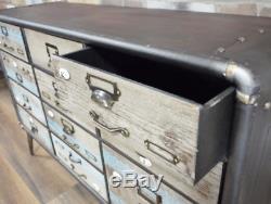 Industrial Style Wood & Metal Sideboard, 11 drawer storage unit grey with wood