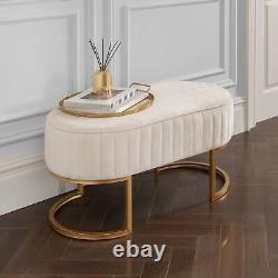 Ivory Velvet Upholstered Bench / Seat Art Deco Style Gold Metal Legs