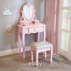 Kid Vanity Set Wooden Dressing Table&Cushion Stool Set Heart Shape Princess Gift