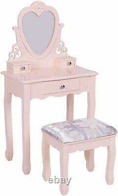 Kid Vanity Set Wooden Dressing Table&Cushion Stool Set Heart Shape Princess Gift