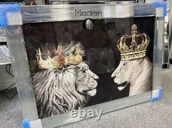 King & Queen lion & Lioness glitter wall art picture with mirrored frame