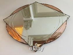 LARGE Vintage Frameless Peach Tinted Bevelled Mantel Mirror Round Foxed Art Deco