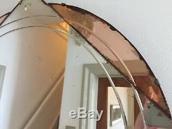 LARGE Vintage Frameless Peach Tinted Bevelled Mantel Mirror Round Foxed Art Deco