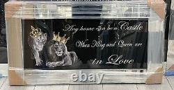 LION KING AND QUEEN WITH CROWNS LIQUID ART WALL FRAME CHROME LOOK 82x42cm S-14