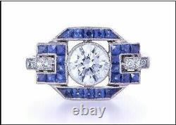 Lab Created Diamond & Sapphire Art Deco Style Wedding 14K White Gold Filled Ring