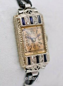 Ladies Art Deco Sapphire & Diamond PERLA Watch, 18k White Gold, Platinum Plated