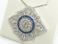 Ladies Art Deco Style Sterling 925 Silver Blue White Sapphire Necklace / Brooch