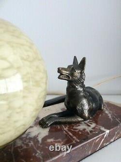 Lamp Art Deco French vintage Bronze Dog gazing at globe moon on Marble Base