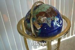 Lapis Gemstone Mosaic Tile World Globe Brass Floor Stand, Semi-Precious Stones