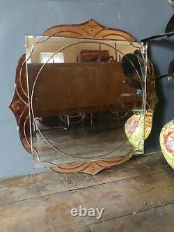 Large Vintage peach glass engraved Deco Mirror, Bevel Edged Hanging Frameless
