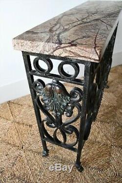 Late 20th Century French Marble Iron Bronze Console Hall Side Table