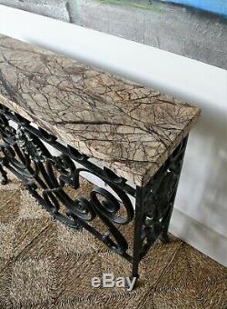 Late 20th Century French Marble Iron Bronze Console Hall Side Table