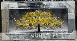 Limited XXL Yellow Cherry Blossom Liquid Art Wall Frame Chrome Look 82x42cm