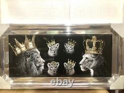 Lion Family Picture Liquid Art Chrome Frame King Queen Cub Wall Hung 85x45 cm