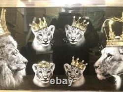 Lion Family Picture Liquid Art Chrome Frame King Queen Cub Wall Hung 85x45 cm