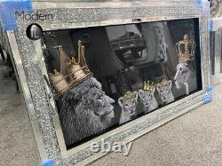 Lion pride family gold crowns picture in crushed crystal frame, Lion family art