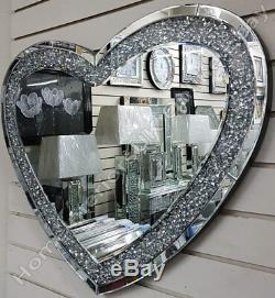 Love heart shape wall mirror with inlaid thick crushed diamonds/crystals