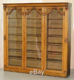 Lovely Large Golden Panelled Mahogany Bookcase With Glass Doors Ornate Carving