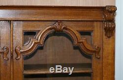 Lovely Large Golden Panelled Mahogany Bookcase With Glass Doors Ornate Carving