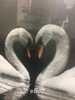 Loving Swan picture with glitter in mirrored frame, Swan birds art picture