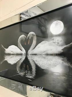 Loving Swan picture with glitter in mirrored frame, Swan birds art picture