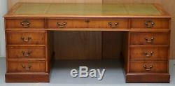 Luxury Huge Extra Legroom Burr Yew Wood Twin Pedestal Partner Desk Green Leather