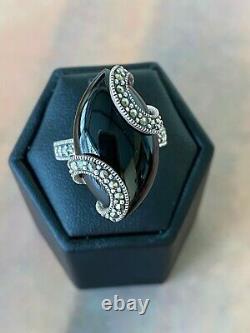 Marcasite 925 Sterling Silver Ring, Black Onyx Art Deco Vintage Style goth Punk