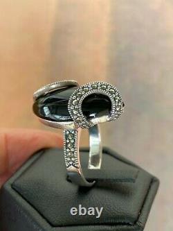 Marcasite 925 Sterling Silver Ring, Black Onyx Art Deco Vintage Style goth Punk